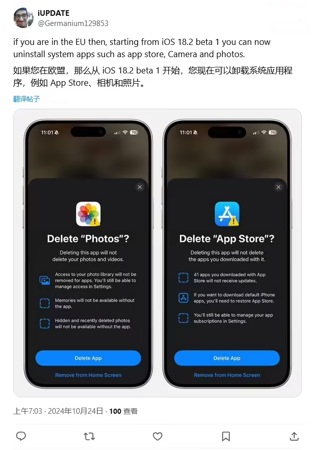 大通苹果手机维修分享iOS 18.2 支持删除 App Store 应用商店 